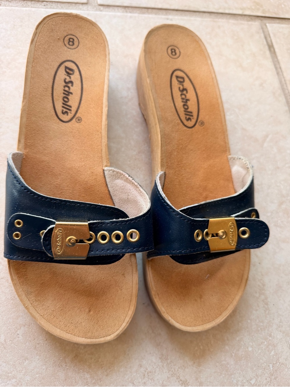 Dr. Scholl's Women's Navy Slide Sandals with Gold Accent - Picture 2 of 7